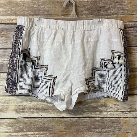 J.Crew Linen Shorts size XL Extra Large Tassel White Embroidered Elastic Waist - Picture 4 of 6